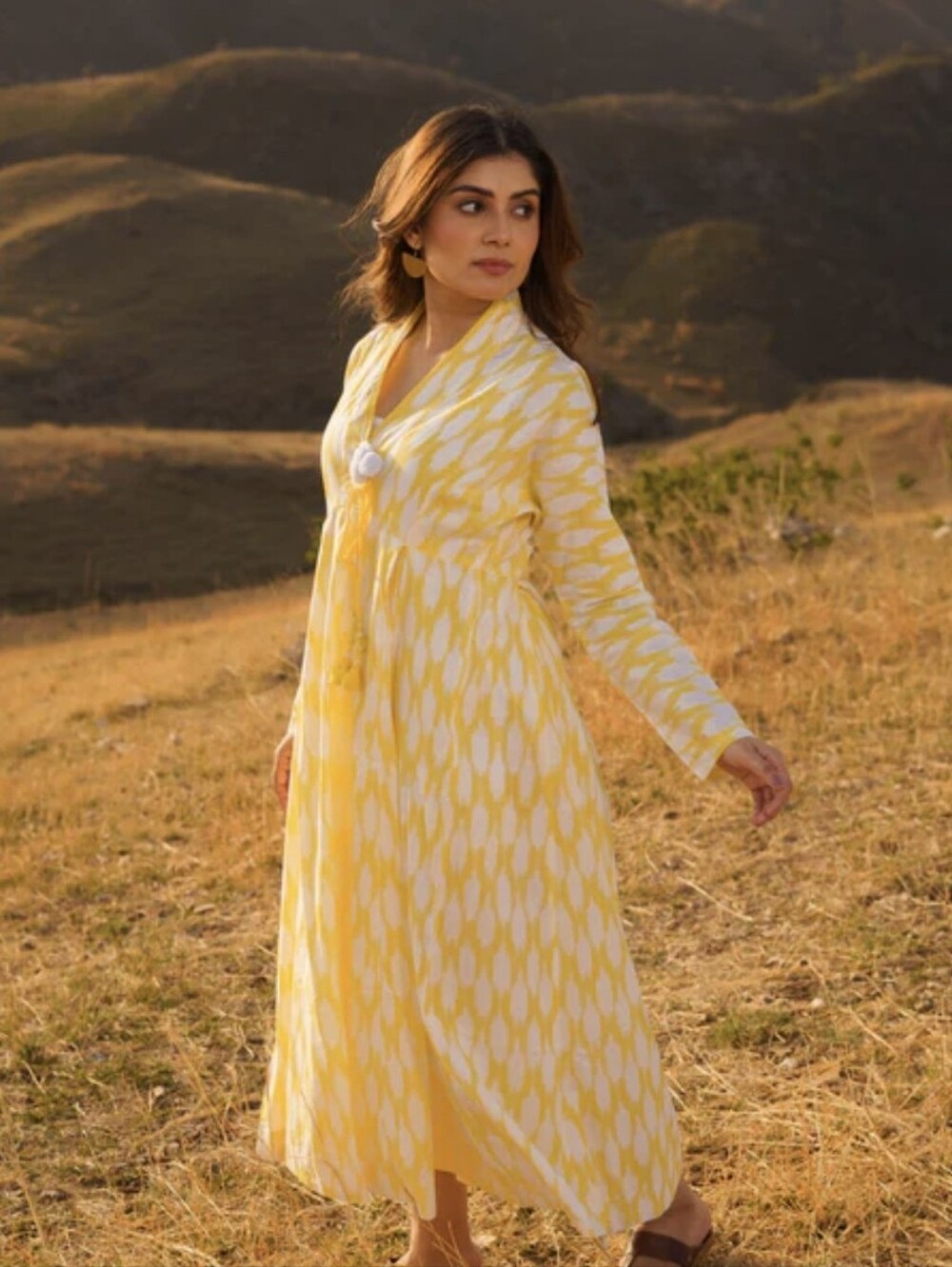 Yellow Printed Long Sleeve Maxi Dress - Lightweight Women's Dress